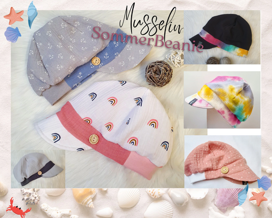 Sommer Beanie mit Schirm für Kinder und Erwachsene, Musselin Mütze, Sommer Hut/Mütze Größe 50-55