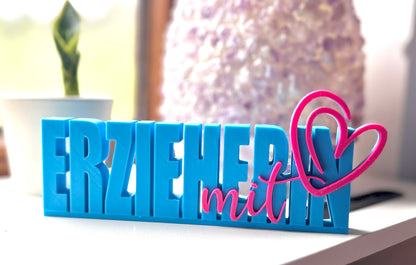 3D-gedrucktes Schild „Erzieherin mit Herz“ | Geschenk für Erzieherin | Personalisierte Deko | Verschiedene Farben | 16x5 cm