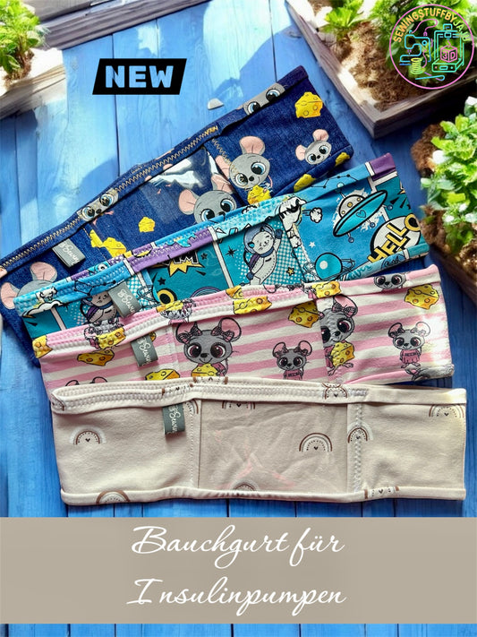 Elastisches Bauchband mit Sichtfenster für Insulinpumpen – Jersey, ohne Verschluss, verschiedene Designs, für Kinder – 62–66 cm Umfang