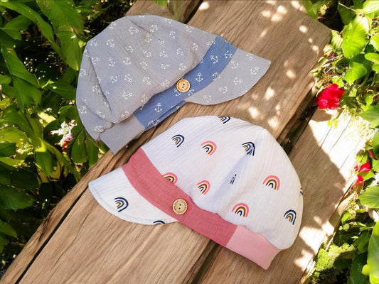 Sommer Beanie mit Schirm für Kinder und Erwachsene, Musselin Mütze, Sommer Hut/Mütze Größe 44-49