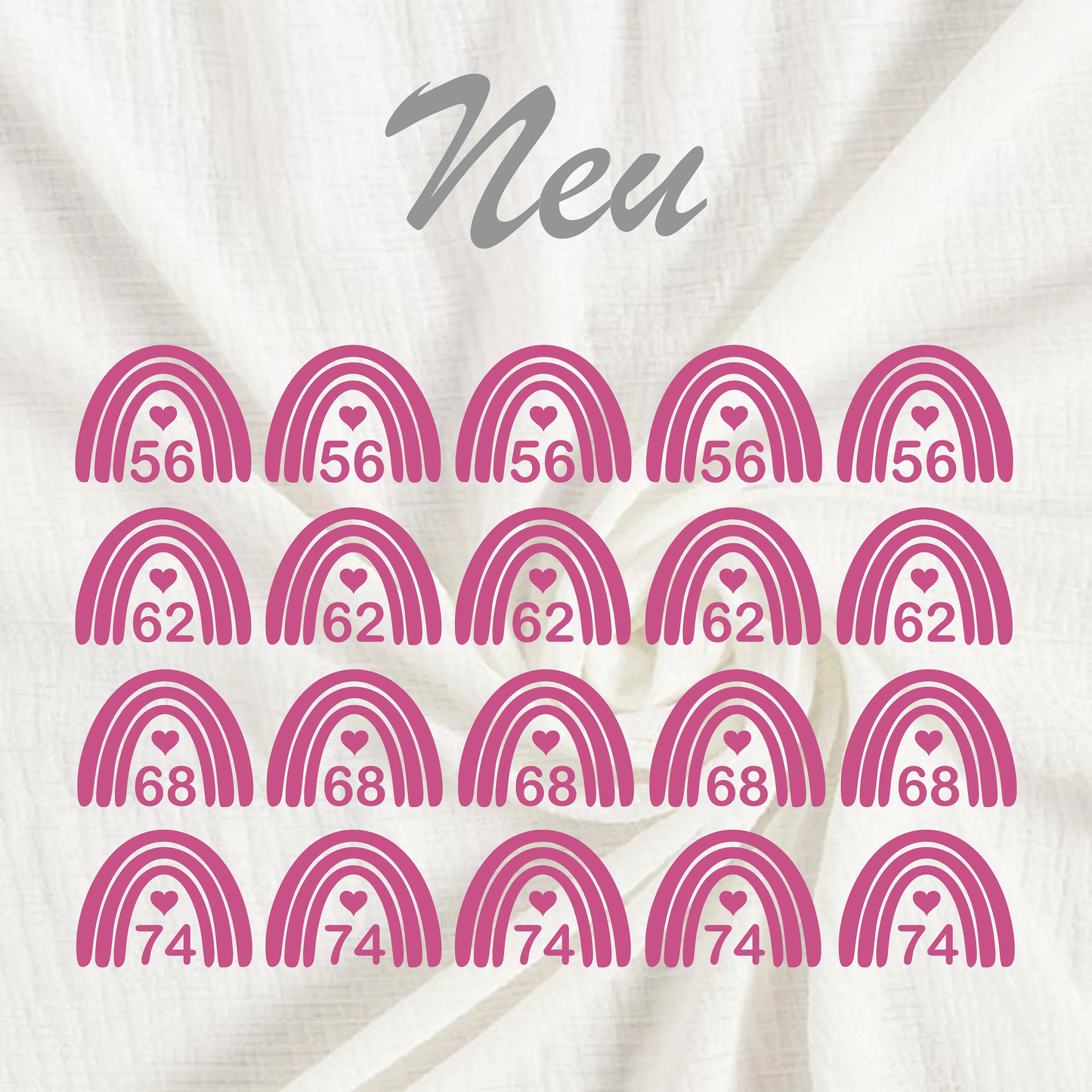 20 Bügeletiketten REGENBOGEN, Textiletiketten, Größenetiketten, Etiketten zum Aufbügeln, Größenlabel, Kleideretiketten