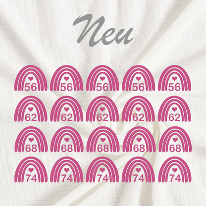 20 Bügeletiketten REGENBOGEN, Textiletiketten, Größenetiketten, Etiketten zum Aufbügeln, Größenlabel, Kleideretiketten