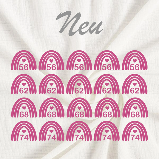 20 Bügeletiketten REGENBOGEN, Textiletiketten, Größenetiketten, Etiketten zum Aufbügeln, Größenlabel, Kleideretiketten