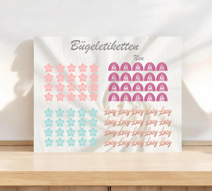 20 Bügeletiketten REGENBOGEN, Textiletiketten, Größenetiketten, Etiketten zum Aufbügeln, Größenlabel, Kleideretiketten