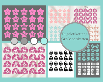 20 Bügeletiketten REGENBOGEN, Textiletiketten, Größenetiketten, Etiketten zum Aufbügeln, Größenlabel, Kleideretiketten